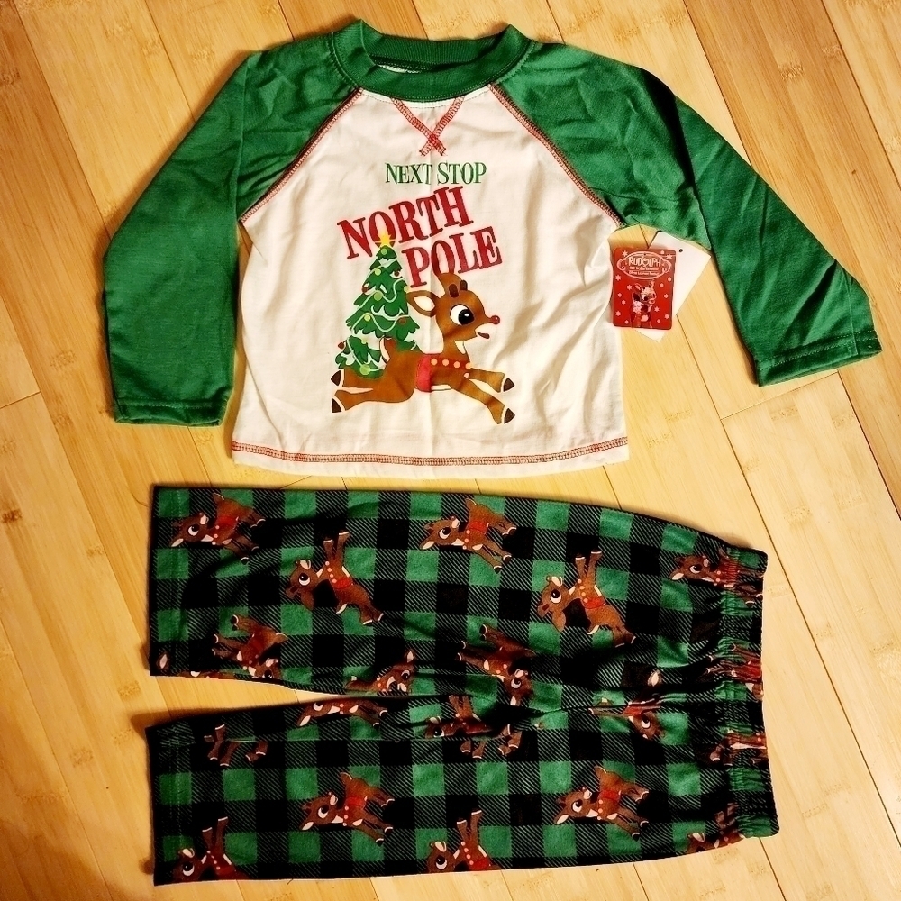 NWT Rudolph Red Nosed Reindeer Pajama Set Green Plaid Size 24M Baby Toddler New